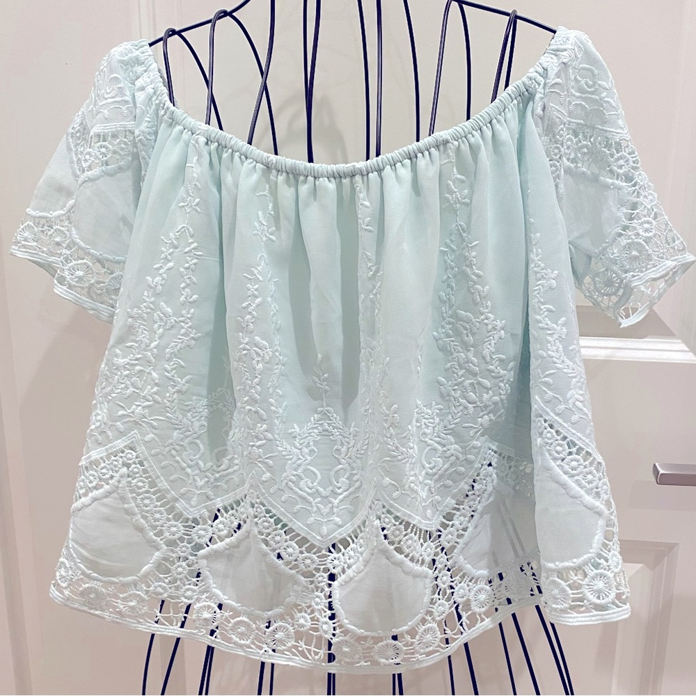 Lucy Paris Lace Off-Shoulder Crop Top in Mint/Pistachio.